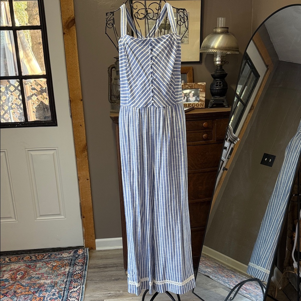 1. State Blue and White Striped Jumpsuit